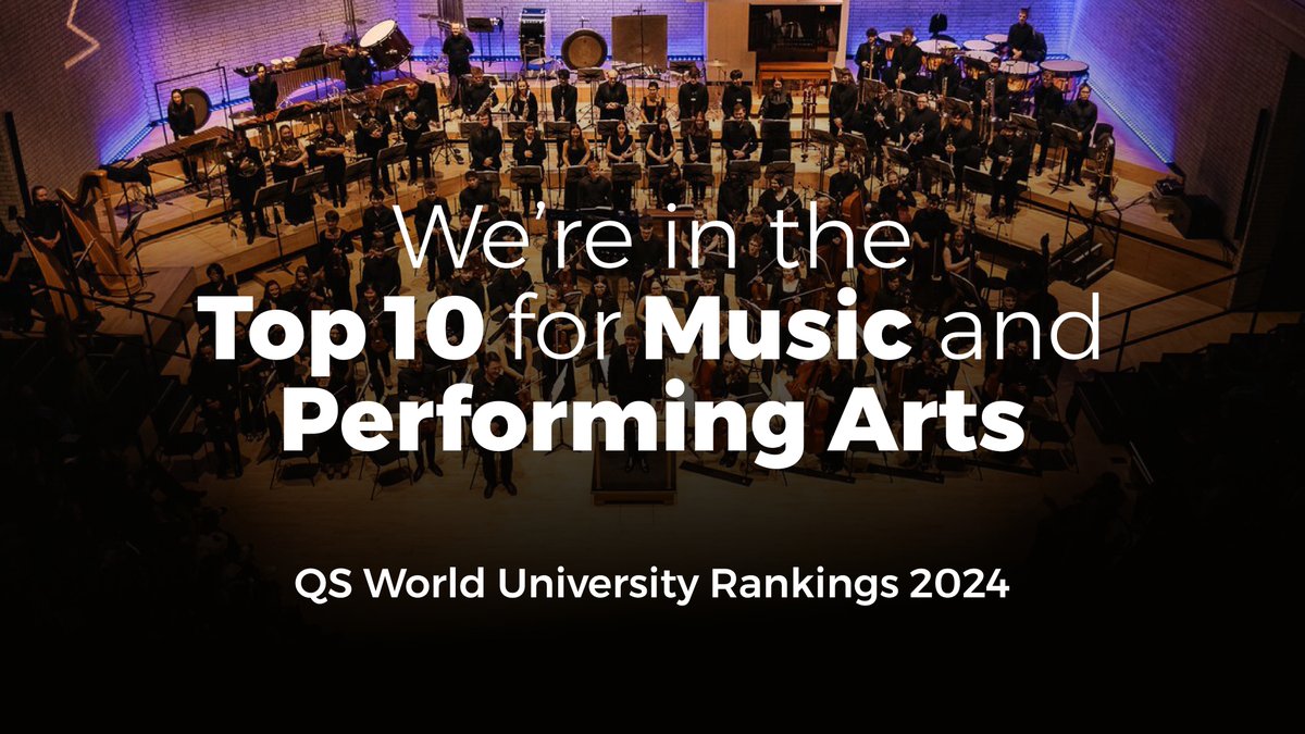 We're proud to have been ranked in the top 10 for both Music and Performing Arts in the 2024 QS World University Rankings by Subject! 🏆 #5 in Music #8 in Performing Arts @WorldUniRanking @topunis #QSWUR