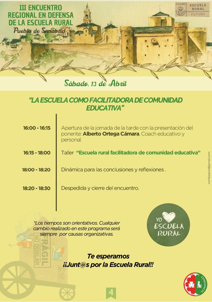 <a href="/confapacal/">Confapacal</a> junto con <a href="/FapaZamora/">FapaZamora</a>, han organizado el "III Encuentro en defensa de la Escuela Rural" que tendrá lugar los días 12 y 13 de abril en Puebla de Sanabria. 
La bienvenida será el 12 de abril a las 17h. en el Castillo de Puebla y el sábado 13 concluirá ...