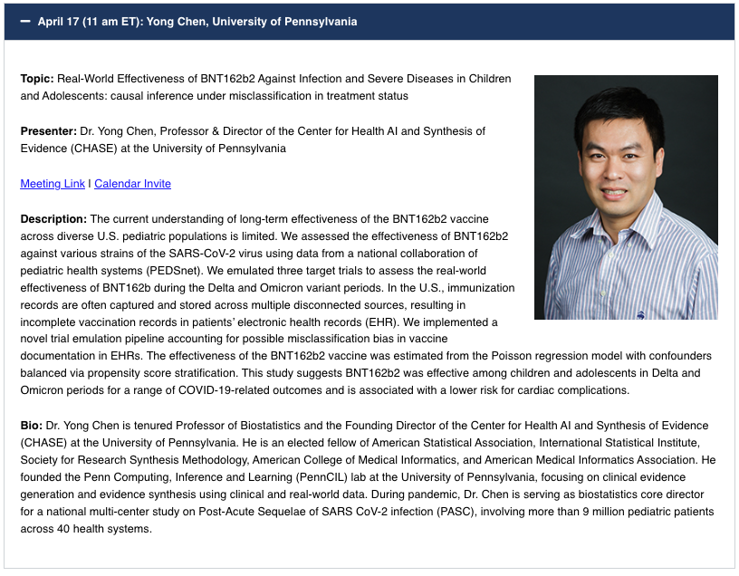 We are thrilled to welcome Dr. Yong Chen (@chenyong1203), Professor of Biostatistics at @PennMedicine, to lead our @US_FDA CBER BEST Seminar this Wednesday, April 17 (11 am ET). This virtual session is open to everybody. Key links are on our homepage: ohdsi.org/cber-best-semi…