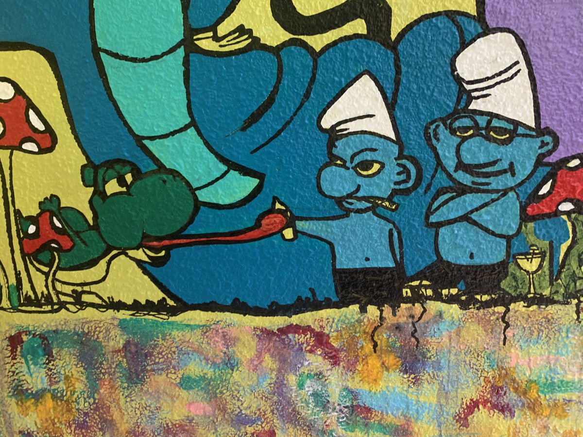 New mural of stoned Smurfs offering vape to Yoshi just dropped