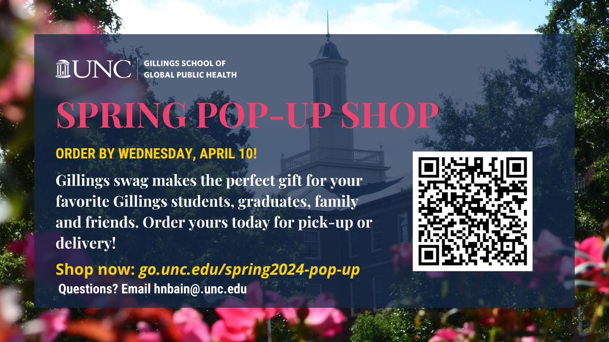 Today's your last chance to get in on this round of Gillings School merch! We're offering hoodies, sweats and vests for the first time ever — plus our always-popular tees and quarter-zips. Don't miss out! go.unc.edu/spring2024-pop…