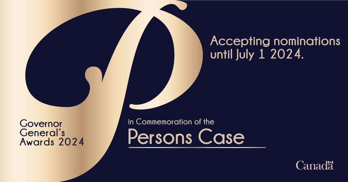 The #GGAwards in Commemoration of the #PersonsCase recognize Canadians who have shown courage, integrity, and determination, while helping to advance equality for women and girls in Canada. 

Accepting nominations until July 1st, 2024.

ow.ly/v1MX50Rci70