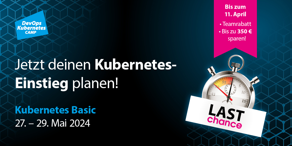 🚀🔥 Immer mal wieder was Neues. Wenn euch eure Docker-Kenntnisse nicht mehr ausreichen, dann ist es jetzt soweit ein Upgrade zu planen! 

Bis morgen gibt es noch bis zu 350 € Rabatt auf das Kubernetes Camp Basic im Mai 💰

Jetzt zugreifen: ow.ly/PpwN50Rcp4v