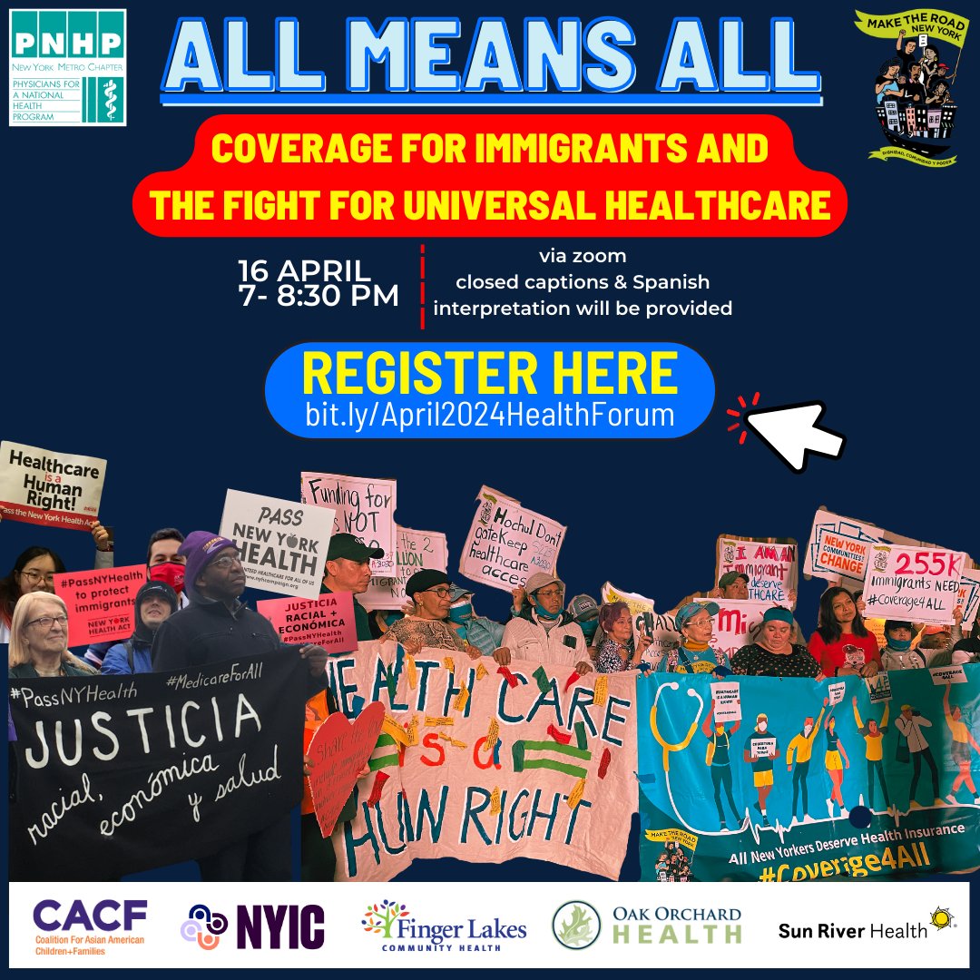 RSVP today bit.ly/April2024Healt… to join @MaketheRoadNY, @cacf, @thenyic & @PNHPNYMetro for our April 16th 7PM forum on immigrant healthcare in NY State, featuring panelists from immigrant communities, their employers, care providers & solutions: #Coverage4All & #NYHealthAct.