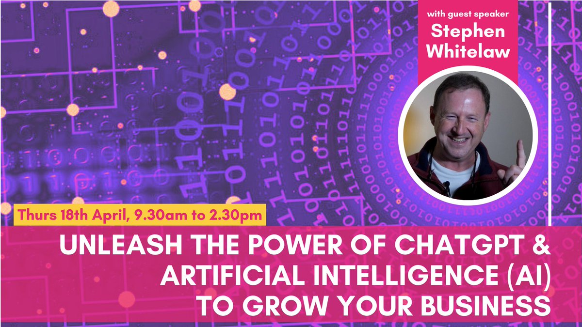 Harness the power of #ChatGPT & #AI for your business! 📆 18th April, 9:30am Discover how Artificial Intelligence can revolutionise your productivity! Our guest expert Stephen Whitelaw has 40+ years' experience starting and growing businesses Book via ayrshire-chamber.org/event/1360/unl…