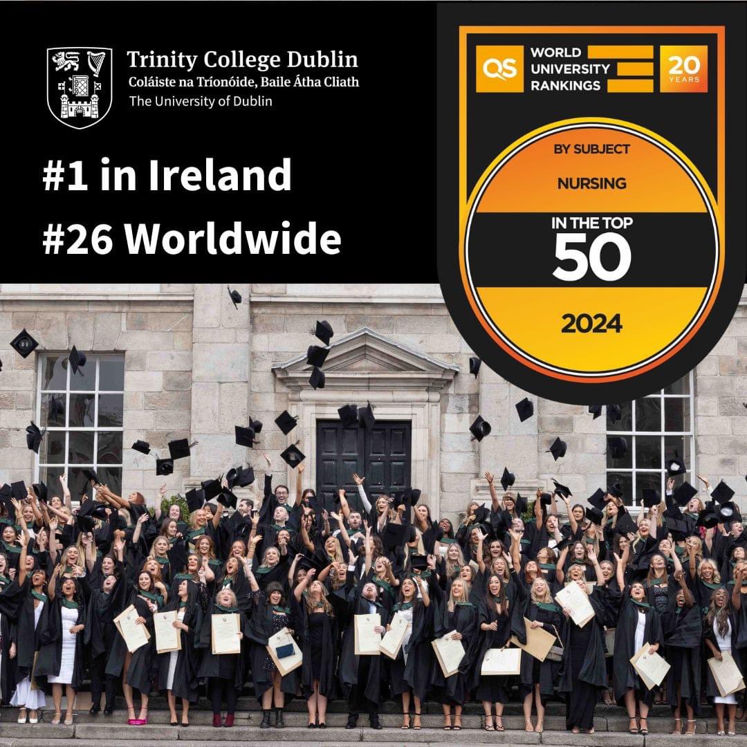 We are proud that @tcddublin has been ranked number one for Nursing in Ireland, 5th in Europe and 26th worldwide in the QS @worlduniranking by Subject 2024. A testament to the hard work and high standards set by our colleagues, students and partners. 👉 tcd.ie/news_events/to…