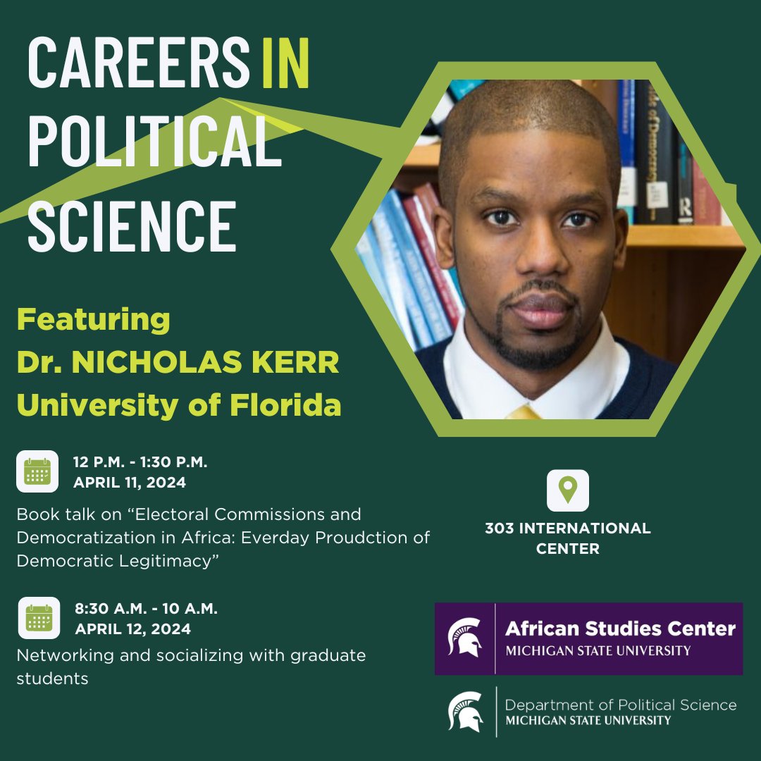 Reminder: Join us tomorrow April 11 for a discussion with Dr. Nicholas Kerr, MSU PLS alum.
polisci.msu.edu/news-events/ev…
#MSUSocialScience #YesPLS