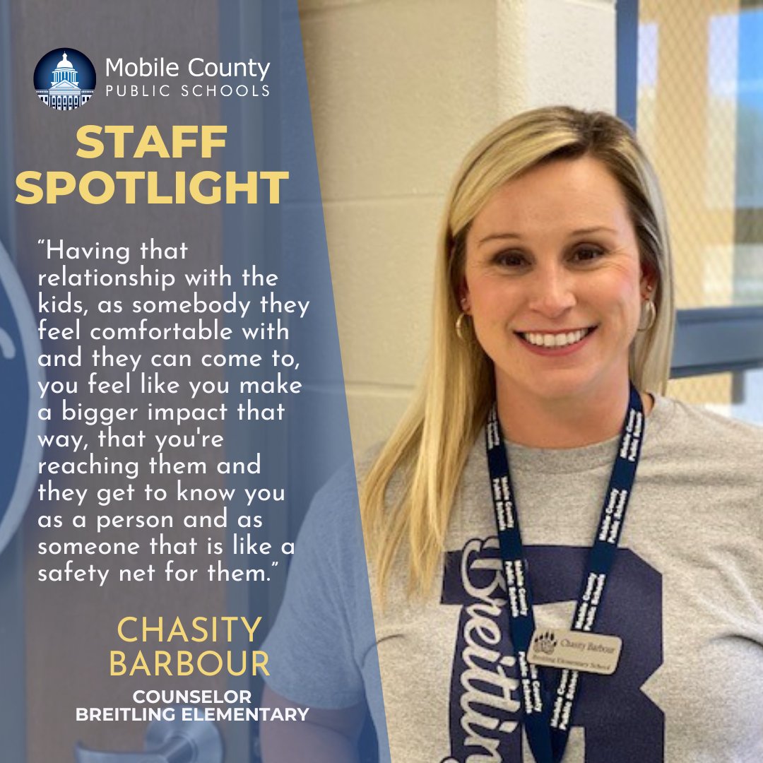 Chasity Barbour says her previous experience as a community health counselor at AltaPointe has helped her in her current role as a counselor at Breitling Elementary. As a Grand Bay native, she's a proud product of the community she serves. #AimForExcellence #LearningLeading