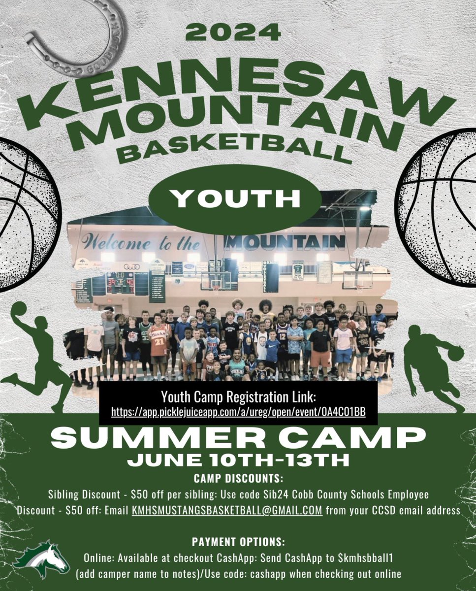 Registration for the 2024 Kennesaw Mountain High School Youth Summer Basketball Camp for rising 1st - 8th grade Girls and Boys is now open! Register at: app.picklejuiceapp.com/a/ureg/open/ev… Email: Kmhsmustangsbasketball@gmail.com or Brian.fisher@cobbk12.org for additional details! #GoMustangs