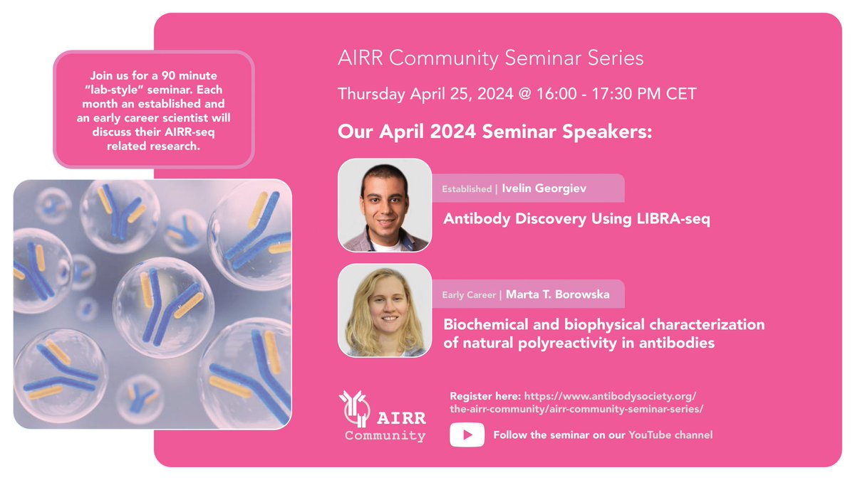 airr_community (@airr_community) on Twitter photo AIRR-C seminar on antibody discovery and antibody polyreactivity with <a href="/IG_lab/">Ivelin Georgiev, Ph.D.</a> and Marta T. Borowska!
antibodysociety.org/the-airr-commu…. April 25, 1600 CET/ 1000 ET. Registration is open now! AIRR-C seminar on antibody discovery and antibody polyreactivity with <a href="/IG_lab/">Ivelin Georgiev, Ph.D.</a> and Marta T. Borowska!
antibodysociety.org/the-airr-commu…. April 25, 1600 CET/ 1000 ET. Registration is open now!