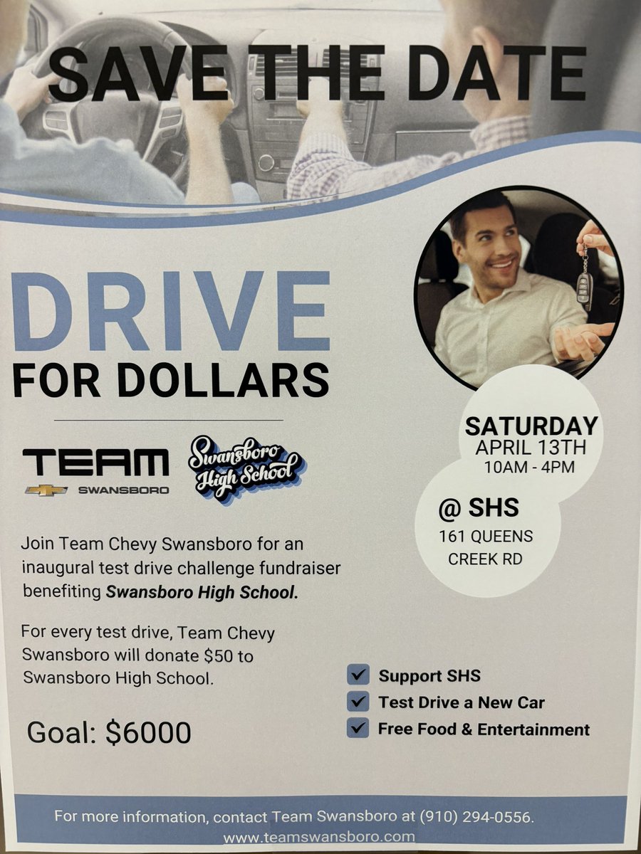 Don’t forget that this Saturday we are hosting the Drive for Dollars with TEAM Chevrolet from 10am to 4pm at the high school. Come on out and drive a car to help us raise money!!