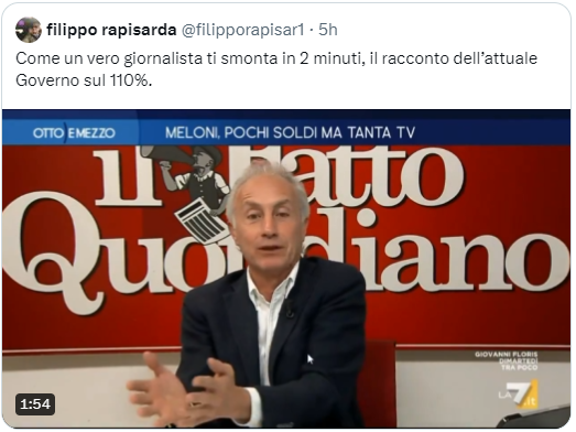 DeShindig's tweet photo. Dice il direttorissimo del FQ: "Conte ha governato il superbonus per 8 mesi, Draghi per 20 mesi , Meloni per 18 mesi e a Conte si danno tutte le colpe".

Spieghiamo:
il DL 34 del 2020 è del Conte II, ministro delle finanze Gualtieri; il design del superbonus è stato voluto (e difeso) da loro ed è dalla progettazione che derivano tutti i disastri.
Draghi, sostenuto da una maggioranza il cui primo partito era il M5S, è intervenuto con 17 (diciassette) correttivi. E' vero che non è stato abbastanza incisivo (avrebbe dovuto cancellarlo subito) ma se lo fosse stato Conte avrebbe fatto molto prima quello che fece poi nell'estate del 2022. Capisco che per Travaglio sia dura ammetterlo, ma anche il governo Draghi era retto da una maggioranza parlamentare.
Il governo Meloni ha provato con 9 (nove) correttivi e sarebbe probabilmente stato per il mantenimento (così diceva il suo programma elettorale) se la realtà non avesse sbattuto in faccia al MEF i numeri disastrosi generati dai bonus edilizi.

Quanto ai numeri miracolosi su crescita, occupazione e riduzione delle emissioni tocca ripetersi: balle!

P.S. per il sig. @filipporapisar1, no, Travaglio non ha smontato un cazzo