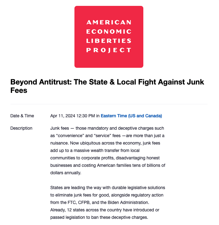 The state-level movement to ban junk fees has insane momentum right now—12 states and counting with active bills! TOMORROW @ 12:30 ET: Join @Pat_Garofalo, @ErinWitteCFA & @MAKeliher for our 'Beyond Antitrust' policy talk on what's ahead for the campaign👇 us02web.zoom.us/webinar/regist…