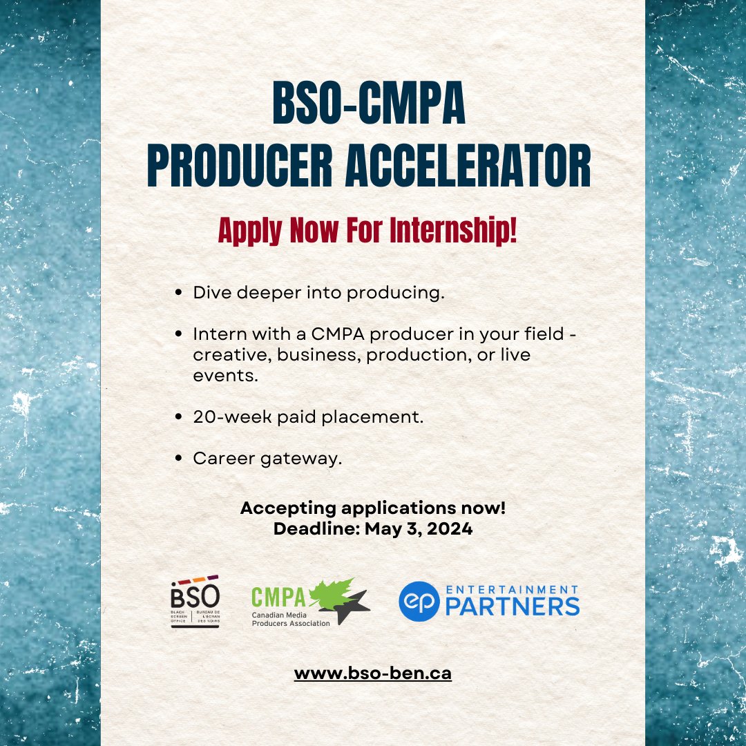 BSO &amp; <a href="/The_CMPA/">The CMPA</a> present the launch of a new Black Producer Accelerator Program focused on increasing representation and supporting the career growth of Black producers in Canada.

Apply now for internship: bso-ben.ca/opportunities/…

Sponsored by <a href="/The_CMPA/">The CMPA</a> and <a href="/EntPartners/">Entertainment Partners</a>