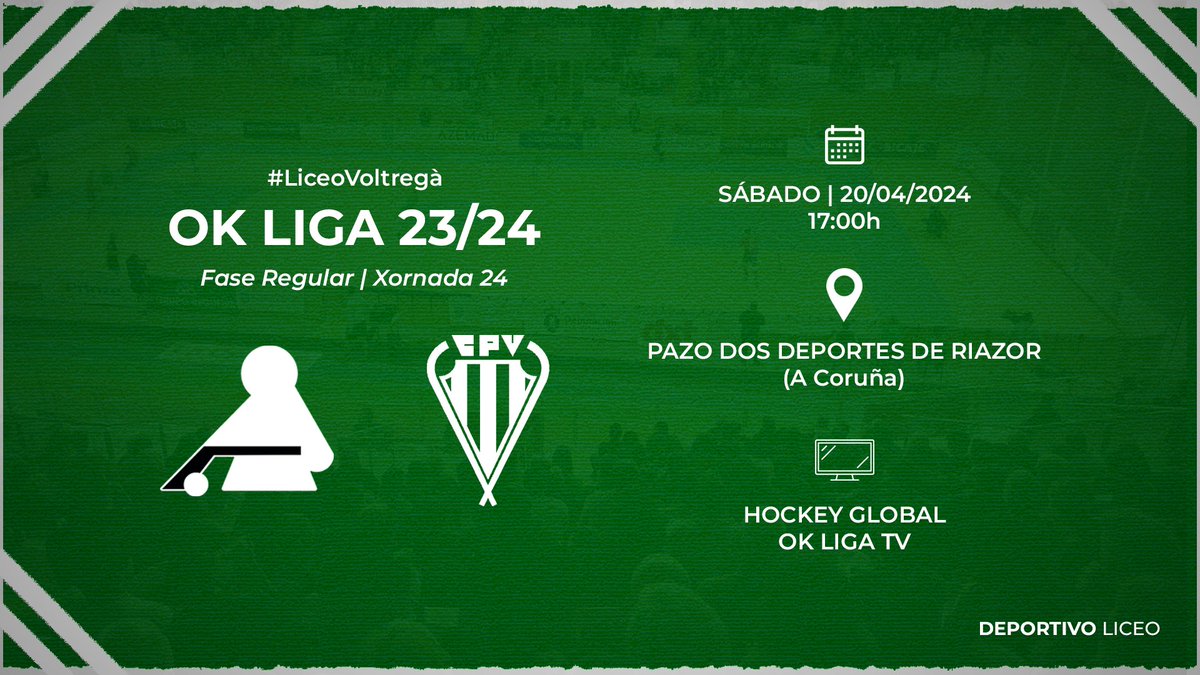 Agora si: semana previa de #𝐋𝐢𝐜𝐞𝐨𝐕𝐨𝐥𝐭𝐫𝐞𝐠𝐚̀. 𝐀 𝐩𝐨𝐫 𝐭𝐨𝐝𝐚𝐬 na antepenúltima proba de Fase Regular. 🏑 | Sábado 20, 17:00h | 🟢⚪️ ENTRADAS a só 5€ para público xeral vía @Cluber_App: app.cluber.es/clubes/3321d9a… #SomosLiceo 🥬 #OKLiga