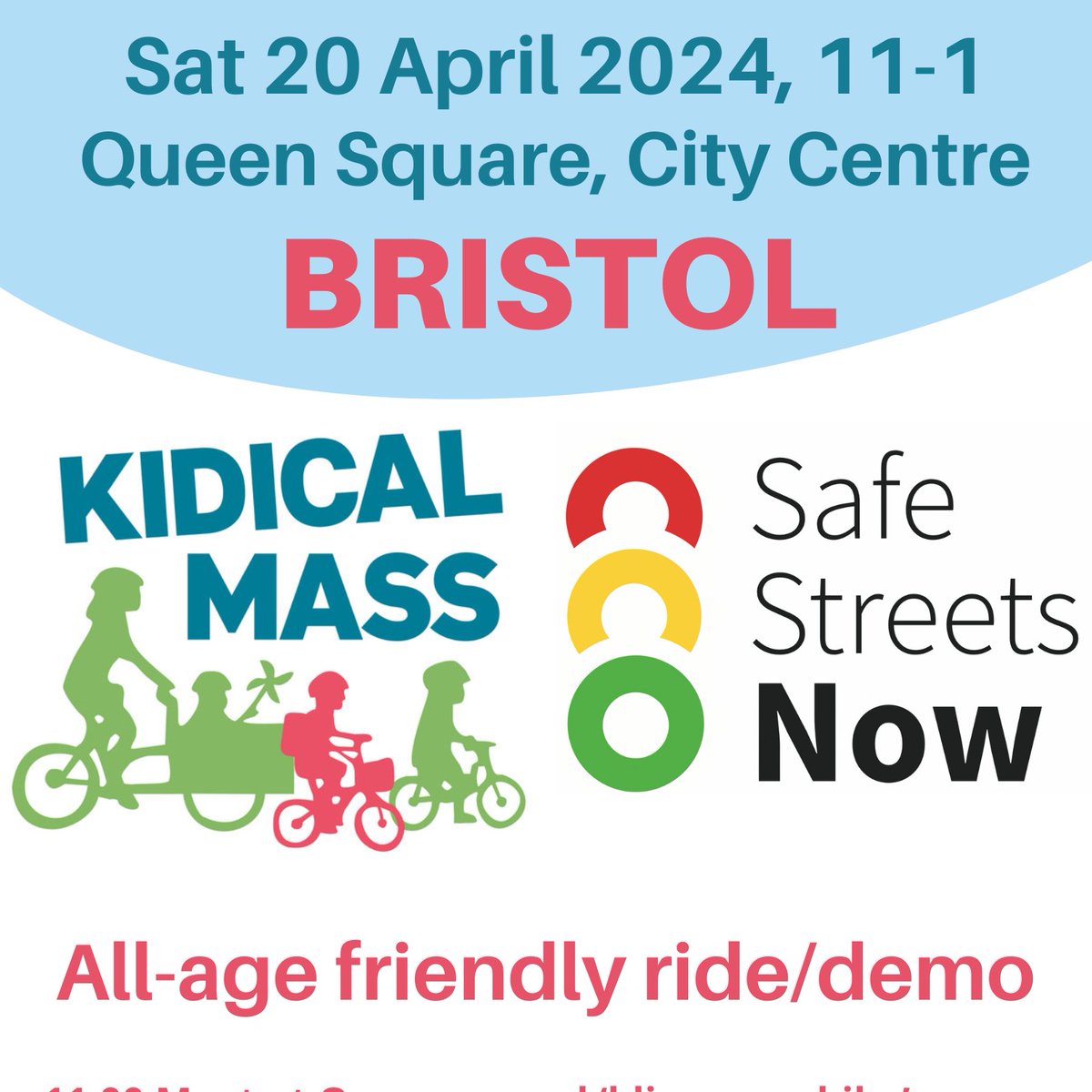 Do you want safer streets for children (and everyone)? Want politicians to act on this? If so, join the #SafeStreetsNow day of action on 20th April. In Bristol we are combining this with a #KidicalMass bike ride, making children seen and heard in their city! Details/links below.