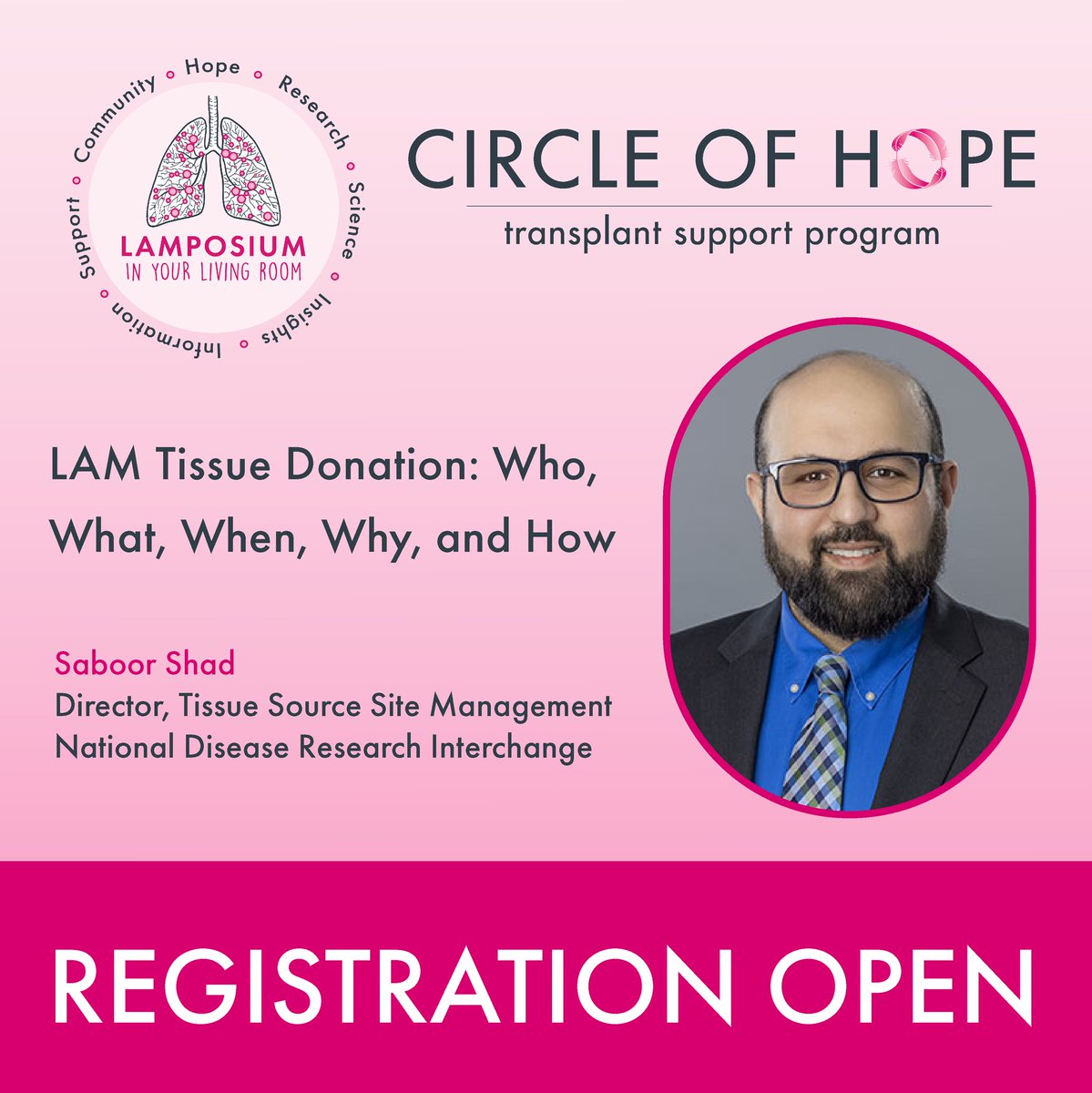 Join us tonight at 7 PM ET for LAM Tissue Donation: Who, What, When, Why, and How, a LAMposium in Your Living Room Circle of Hope (COH) webinar. 

Saboor Shad, at the NDRI, explains the details of donating LAM tissue for research.  

Learn more: bit.ly/3TFdgfA