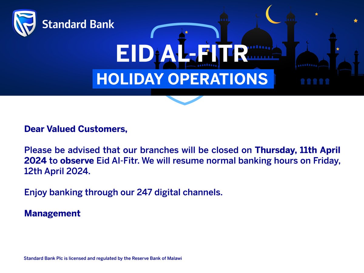 Dear Customers, Kindly note that our branches will be closed on Thursday, 11 April 2024 as we observe Eid Al-Fitr. Enjoy convenient service on our 247 channels.