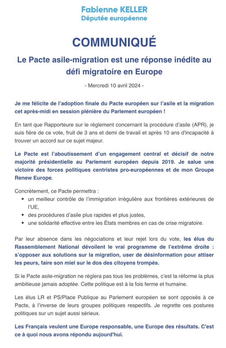 C’est fait ✅ Nous venons d’adopter, en plénière du Parlement européen, le Pacte asile-migration. En tant que Rapporteure d’un des textes, je suis fière de ce vote, fruit de 3 ans et demi de travail et après 10 ans de blocages. Un vote qui permet à l’🇪🇺 de sortir du statu quo.