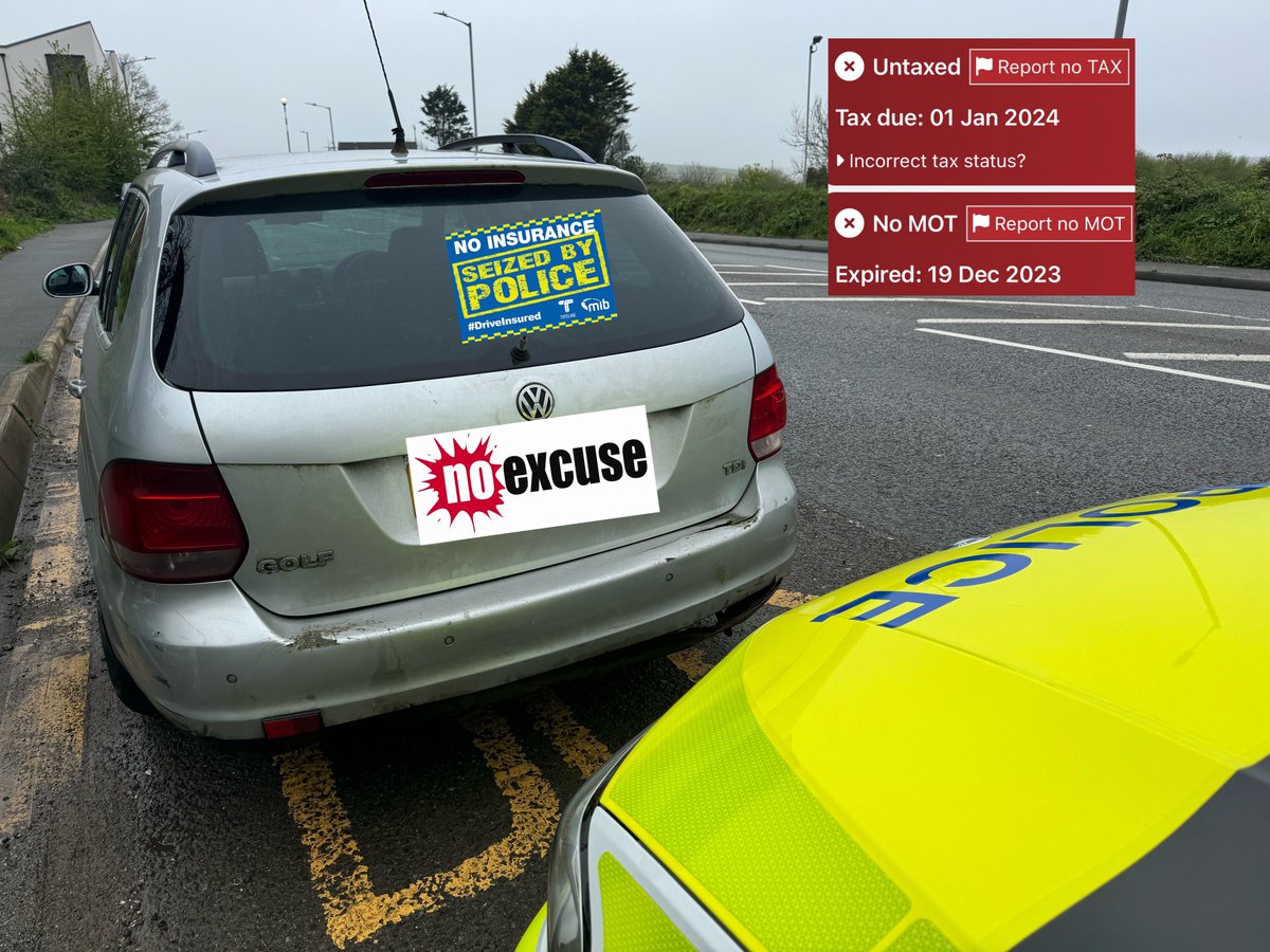 Golf stopped in #Newquay after an ANPR activation for @OpTutelage no insurance, expired MOT and excise licence - driver arrested after a positive breath test for alcohol and vehicle seized #NoExcuse #Fatal5