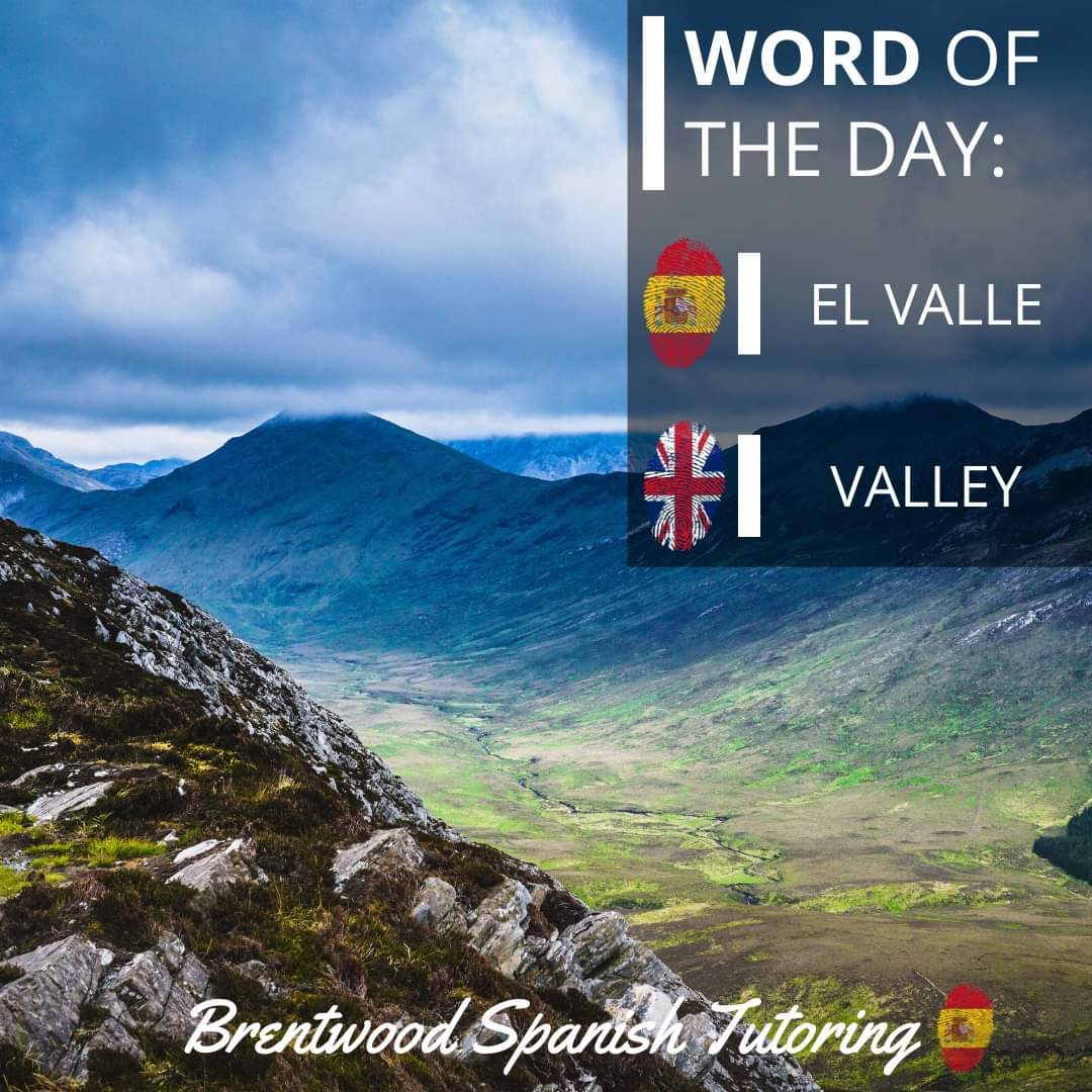 Word of the day:
🇪🇸 EL VALLE
🇬🇧 VALLEY
🌄 ⛰️ 🚞 🏔️
#WordOfTheDay #WOTD #Español #LearnSpanish #Tutoring #Education #Language #PalabraDelDia #MFLInsta #MFL #AprenderEspañol #Learning #School #Brentwood #Shenfield #Essex #Spanish #Tutor #BrentwoodSpanishTutoring #Valle #Valley