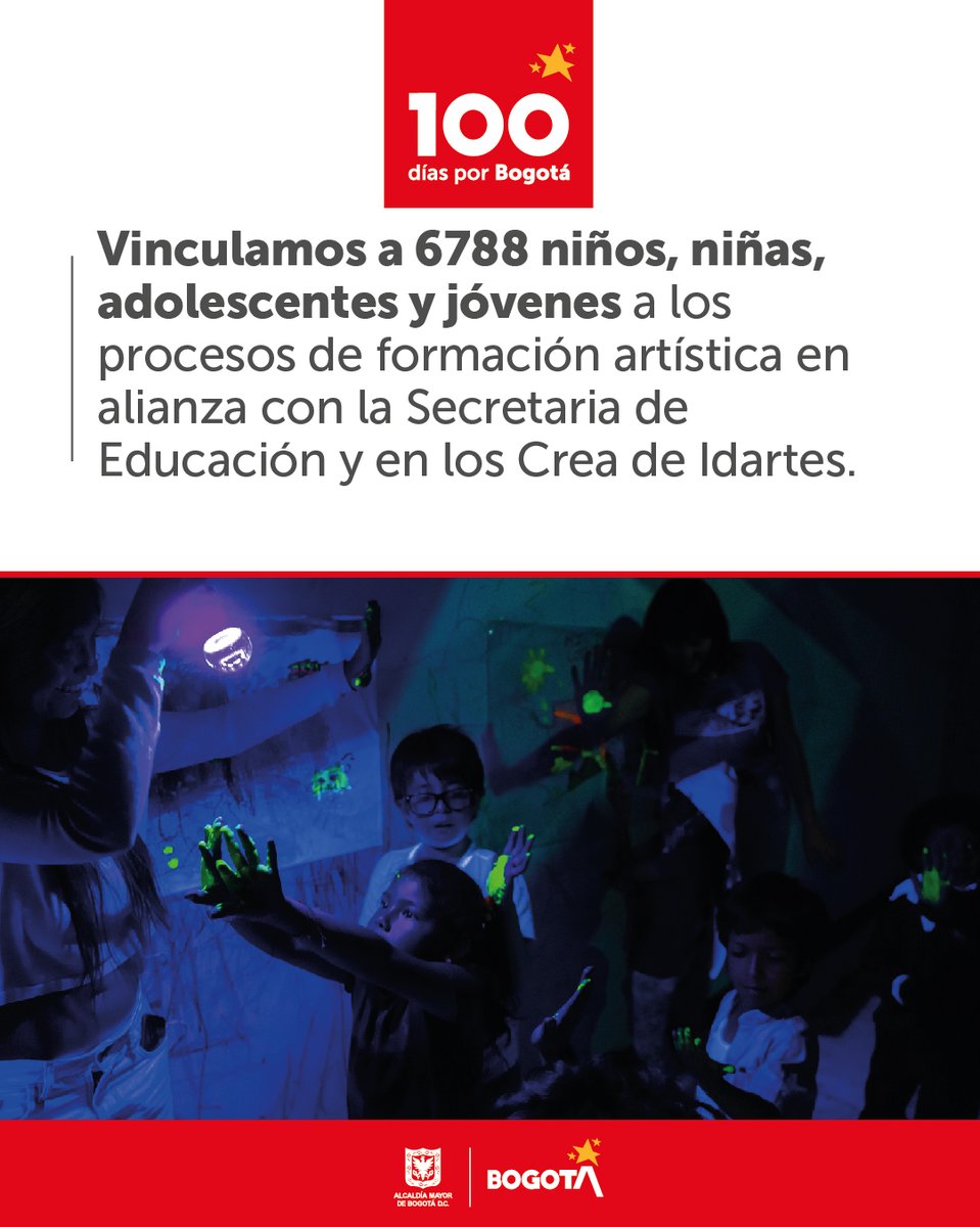 Bogota's tweet photo. 👧👦¡El arte es una herramienta poderosa para el desarrollo integral de las nuevas generaciones! En los #100DíasPorBogotá, desde el Idartes trabajamos por la formación artística de niños, niñas y jóvenes con el #ProgramaCrea. https://t.co/lPPbewQqct