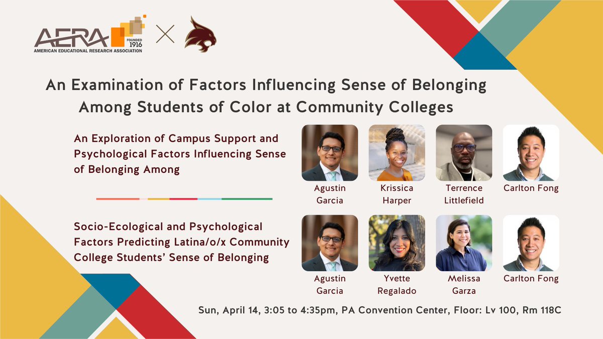 Excited to be presenting two first-authored projects with my incredible @DevEdTxSt colleagues at #AERA24! Join us on Sun, 04/14, for an engaging @AERADiv_J session where we’ll explore factors impacting sense of belonging for community college students of color. See you there! 🙌
