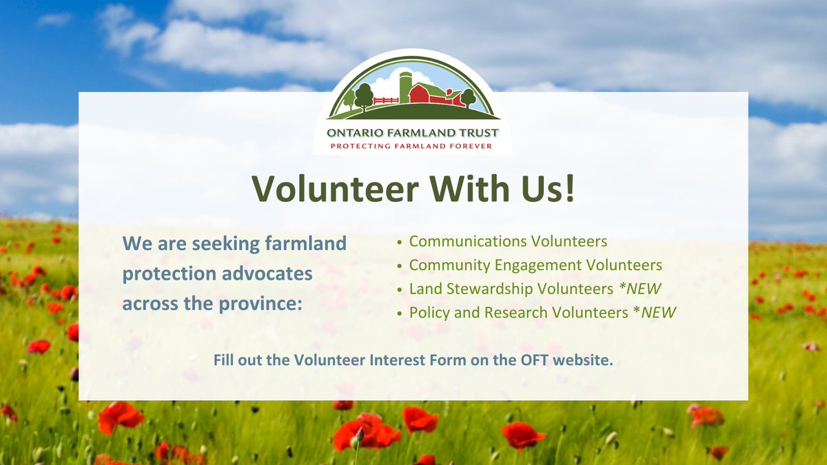 Are you passionate about the importance of #farmland for the vitality of our food systems, for species at risk, and for our climate? OFT is currently seeking #volunteers from across the province. Next orientation session: Thursday May 2! Sign up today! ontariofarmlandtrust.ca/get-involved/v…