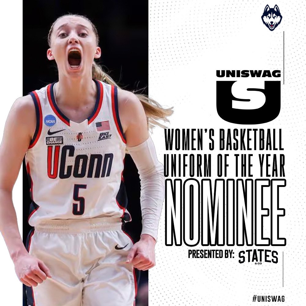 UNISWAG Women’s Basketball Uniform of the Year Nominee presented by States & Co @UConnWBB is up for the best uniform of the 2023-24 College Women’s Basketball season! Click here to vote: bit.ly/2sHF6u9 #uniswag