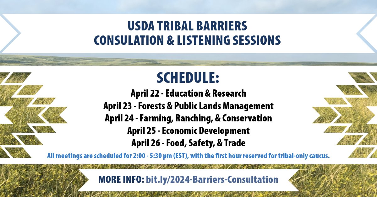 The Intertribal Agriculture Council would like to encourage all Tribal leaders to register and attend the USDA Barriers Consultation series to ensure that Tribal perspectives are represented at this year's events. For more information & to register, visit bit.ly/2024-Barriers-…