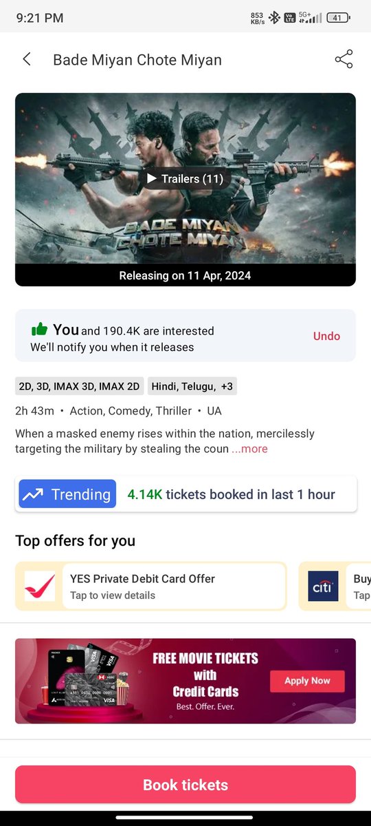 1.11k per to 4.14k per hour ticket sold out🔥🔥🔥
Pace is real🔥🔥

Hopefully it sold out tickets between 2L to 3L before release 🔥🔥
#AkshayKumar𓃵 #TigerShroff #BadeMiyanChoteMiyan #BadeMiyanChoteMiyanOnEid2024 #BadeMiyanChoteMiyanOnApril11