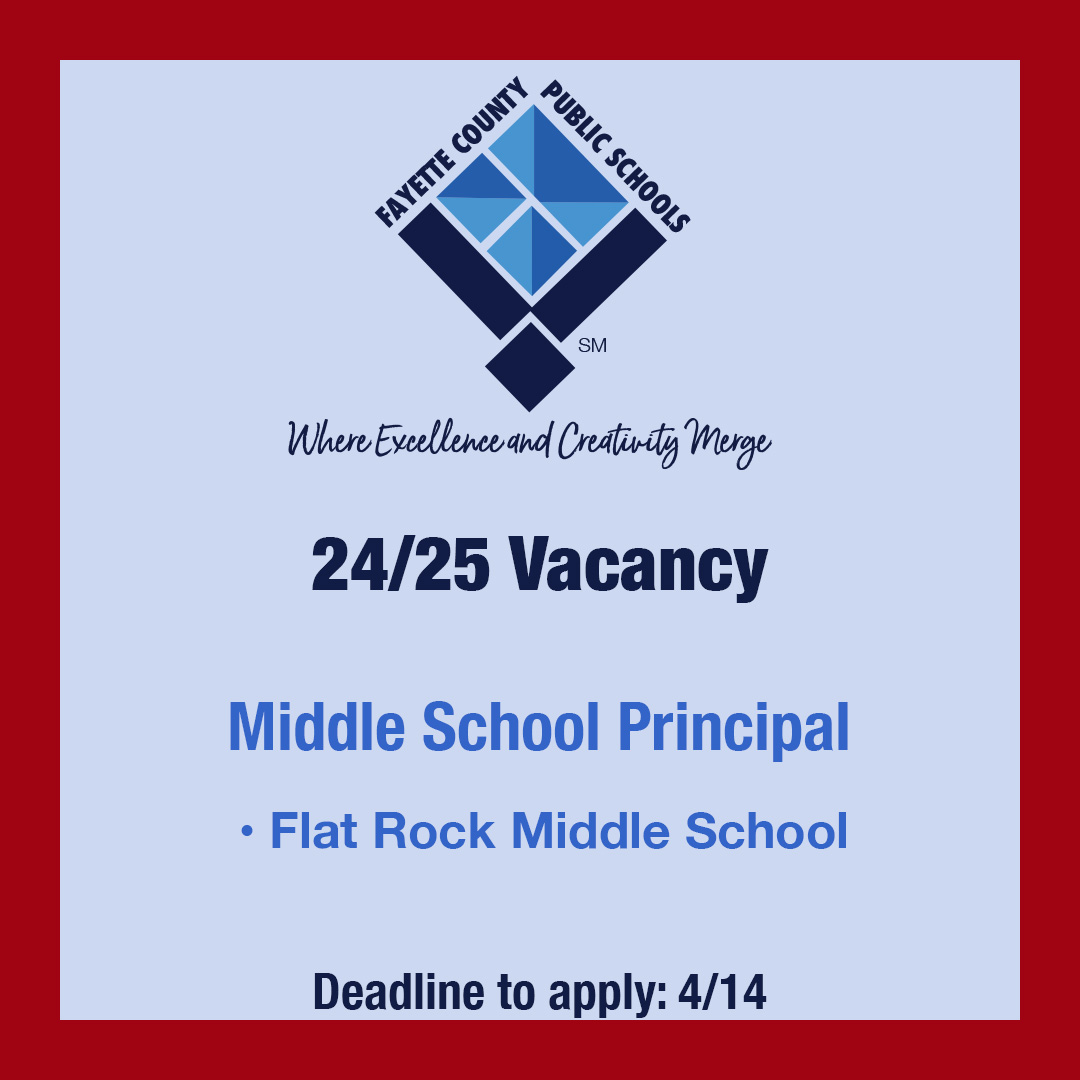 'Flat Rock Middle School principal vacancy for the 24/25 school year' Closing date: 4/14 Learn more and apply here: bit.ly/34px5jC
