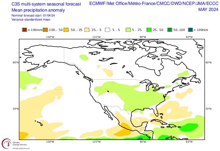 Solid look for a generally active May from the C3S ensemble mean. General troughiness hanging back over the SW US, w/ anomalous SW flow over the Plains. 🌪️ 🌪️