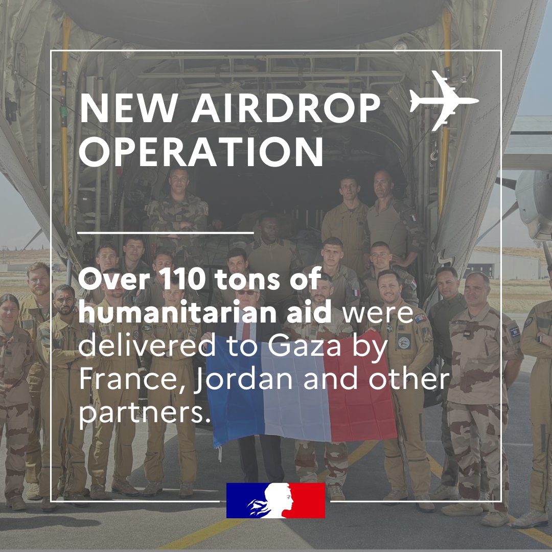 In another airdrop yesterday, over 110 tons of humanitarian aid were delivered to #Gaza by France, Jordan and other partners. As famine takes hold, large-scale humanitarian aid must be allowed into Gaza.