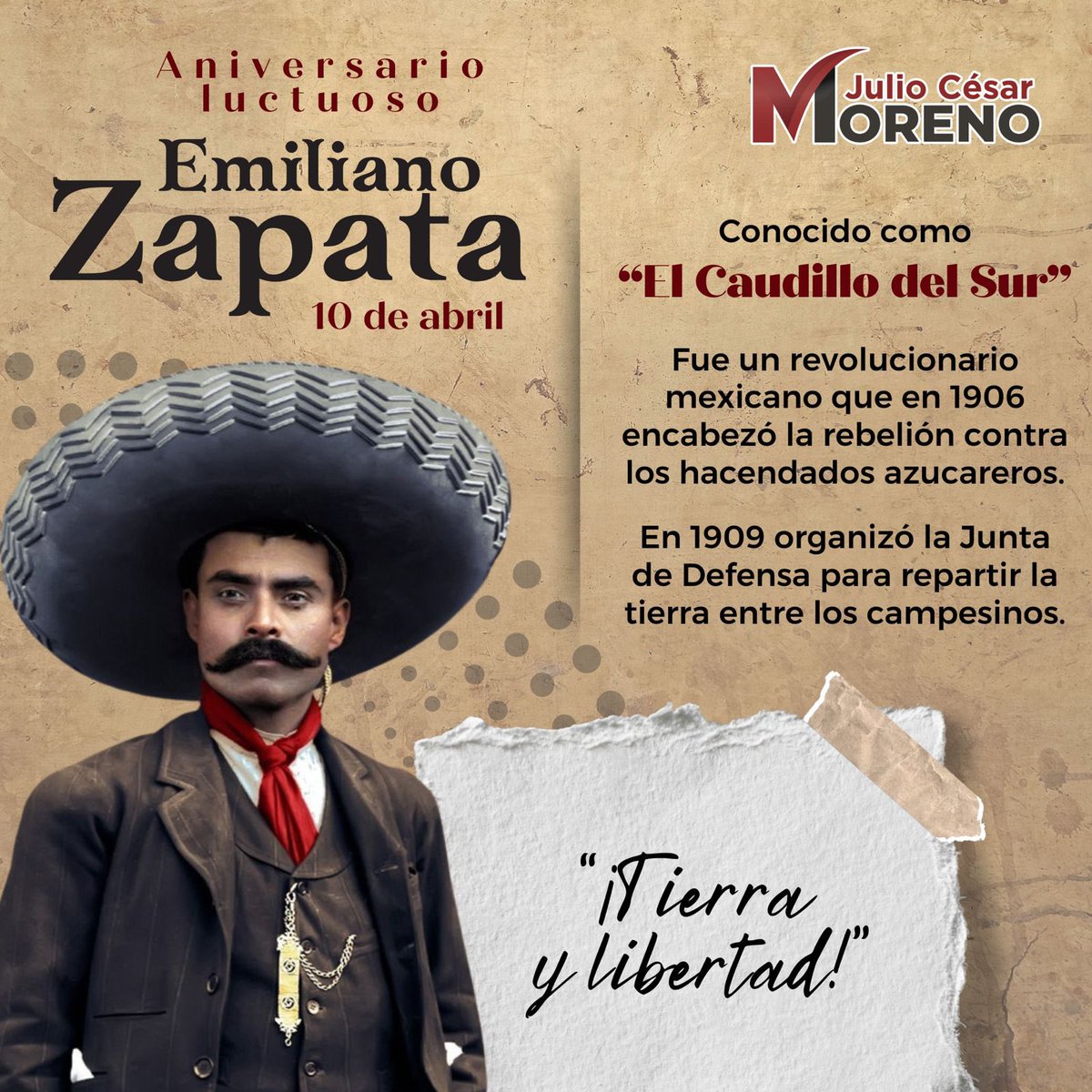 julioc_moreno's tweet photo. Conmemoramos el 105 Aniversario luctuoso del "Caudillo del Sur" o “El Atila del Sur”,  el Gral. Emiliano Zapata, uno de los líderes más importantes de la Revolución Mexicana.

Emiliano Zapata fue un ejemplo en la defensa de la tierra y a favor de trabajar por los derechos de los campesinos, uno de los principios básicos de la Cuarta Transformación. 

Una de sus frases más célebres “La tierra es para quien la trabaja”.

#EfeméridesDeHoy #JCM