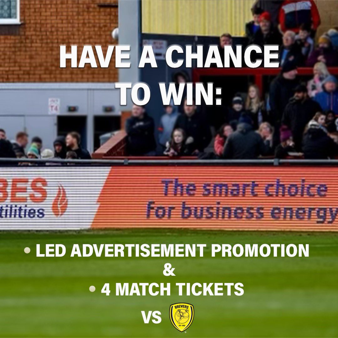 🚨Competition Alert!🚨 For your chance to have your business on display on our LED advertising boards throughout our final home fixture of the season against Burton Albion FC and win 4 match tickets for the game simply: 1. Fill out the form on the link below👇