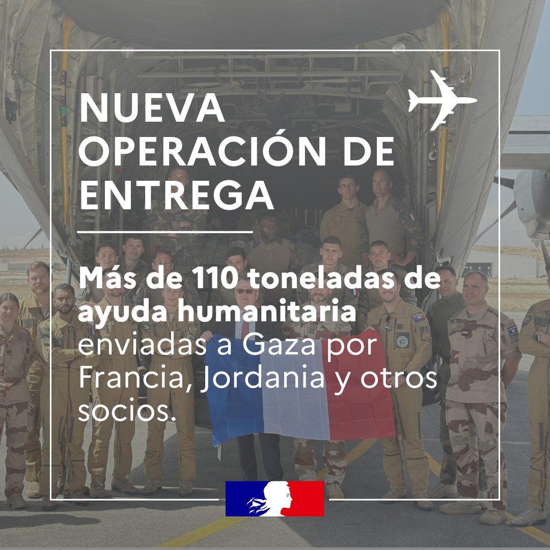 Francia, Jordania y otros socios realizaron, ayer, una nueva operación de entrega aérea de más de 110 toneladas de ayuda humanitaria en #Gaza. Frente al avance de la hambruna en Gaza, es necesario permitir la entrada masiva de ayuda humanitaria.