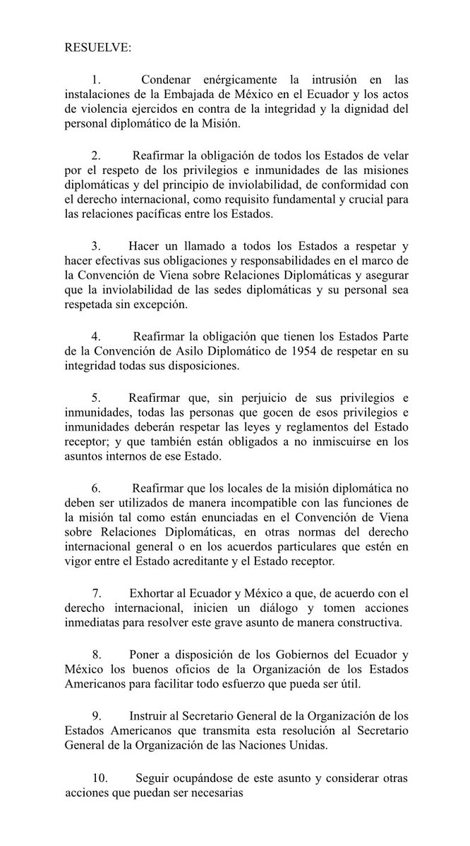 OEA condena enérgicamente asalto a la Embajada de 🇲🇽 Votación: 29 a favor 1 en contra 🇪🇨 1 abstención 🇳🇮 🇲🇽 y 🇻🇪 ausentes Liga a resolución: scm.oas.org/doc_public/spa…