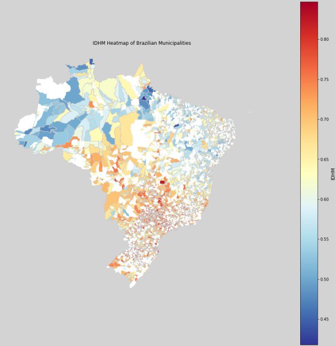 HDI heatmap of Brazilian municipalities.

Plot generated using geopandas and matplotlib.