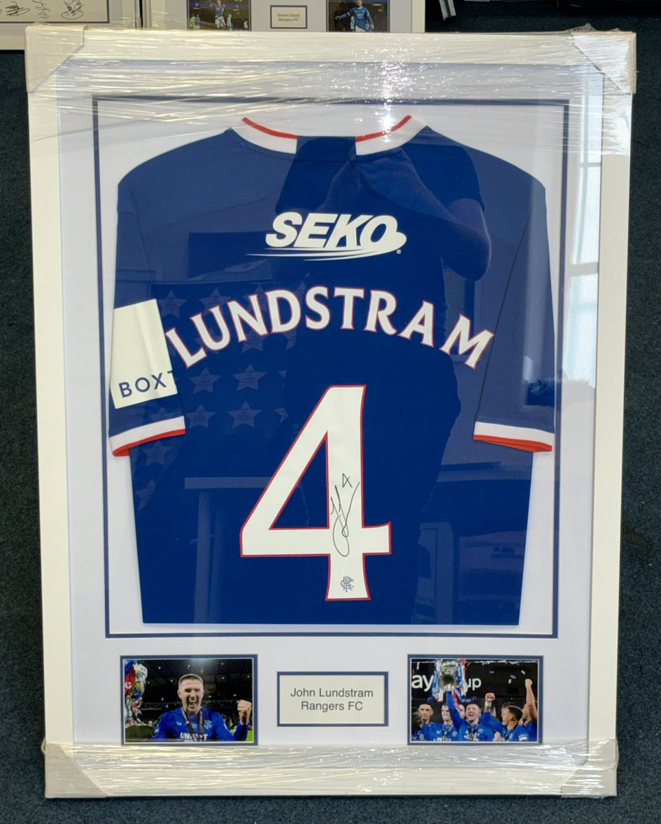 John Lundstram hand signed 22/23 Rangers home shirt with cup nameset in white frame with blue and white mount. Includes League Cup winning photo inserts DM to order or for more info
