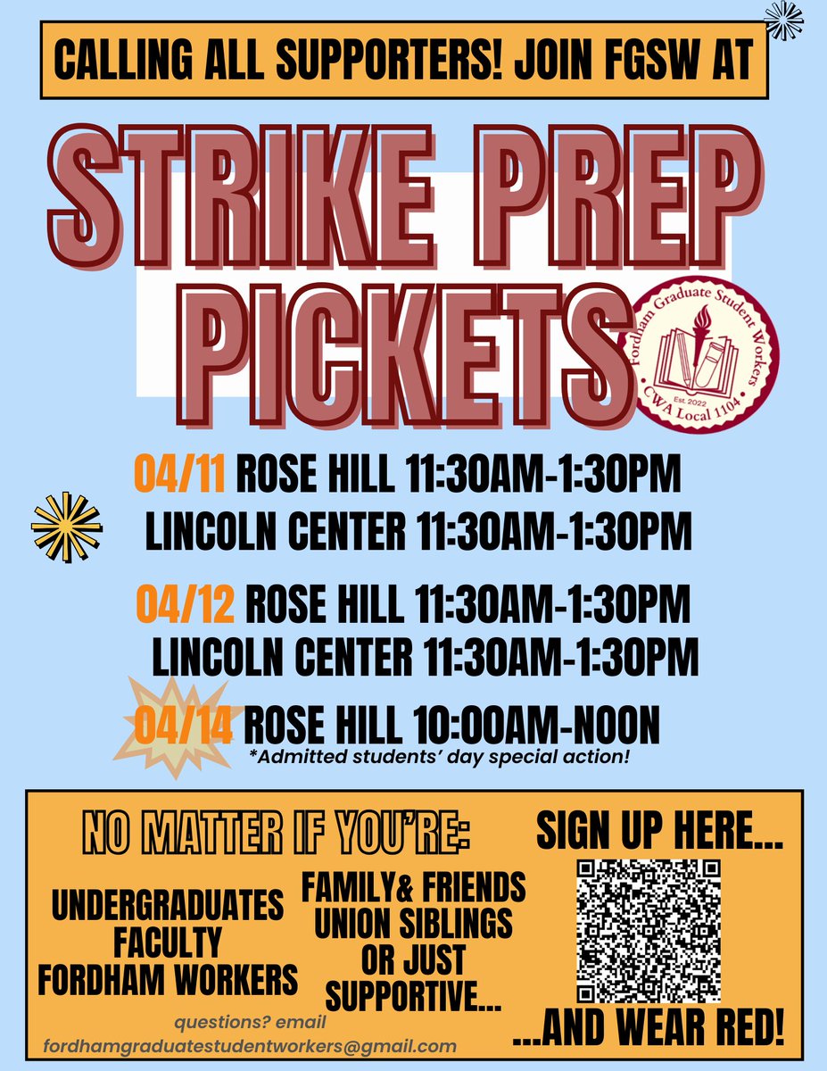 SOLIDARITY TIME: Calling on all Fordham community supporters 🗣️🗣️ TOMORROW: Join us for strike prep pickets to show the administration that we’re ready to ⚡️STRIKE⚡️for a fair contract and a better Fordham. Fill out this form to let us know you're joining forms.gle/nCcjjt6C3B4P6H…