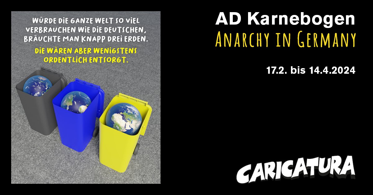 Nur noch bis Sonntag in der Caricatura Galerie zu sehen: die Ausstellung »Anarchy in Germany« mit Werken von AD Karnebogen. Nicht verpassen!

caricatura.de/ad-karnebogen/

#adkarnebogen #anarchy #germany #german #müll #erde #klima #cartoons #caricatura #caricaturagalerie #kasselkultur