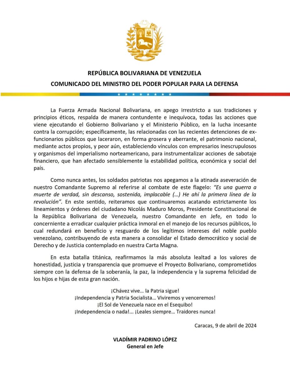 #Atención || Comunicado Oficial de la Fuerza Armada Nacional Bolivariana en respaldo a la lucha incesante contra la corrupción.