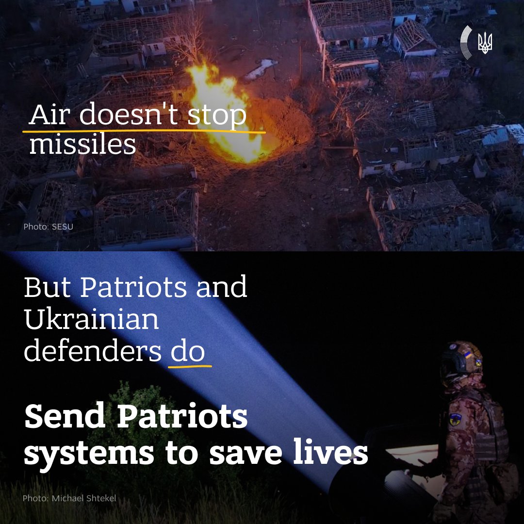 The lack of strengthened air defense in Ukraine has deadly consequences, as it takes just a few minutes for ballistic missiles to cover a distance of 1000 km. With Patriot systems, 🇺🇦 defenders can effectively intercept 🇷🇺missiles & save thousands of lives. #PatriotsSaveLives
