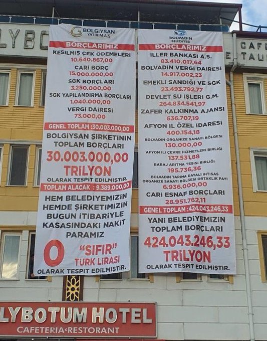 AKP’den MHP’ye geçen Afyonkarahisar Dinar belediyesinin bıraktığı borçları, yeni belediye başkanı, belediye binasına astı. 
Bence AKP’den alınan bütün belediyelere örnek olacak bir davranış👍