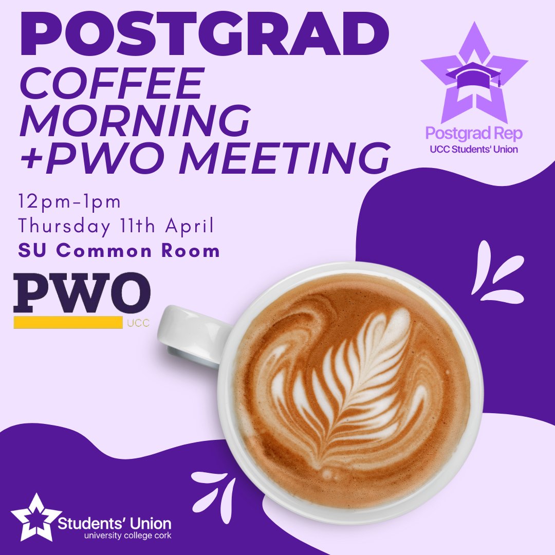 There will be coffee morning on tomorrow in the UCC SU Common Room from 12-1pm, where members of @PWO_UCC will be there for chat and a coffee! But also talk about the issues faced by postgrad researchers, what @pwo_ireland is doing to fix them, and how you can get involved! ☕️🍩