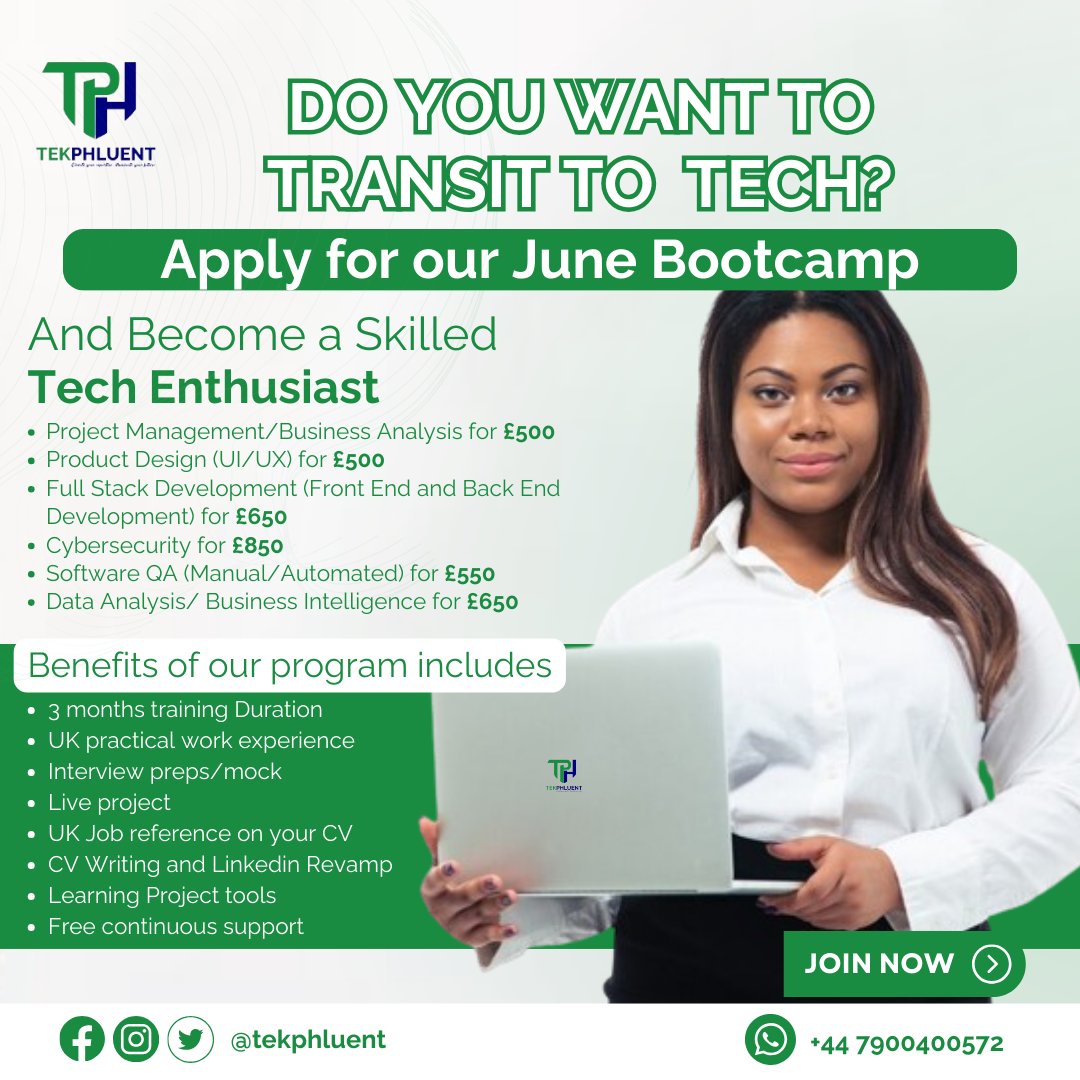 Ready to Level Up Your Tech Skills? Join Tekphluent's June Bootcamp and take your career to new heights! Apply now and unlock endless possibilities in the world of technology!  #TechBootcamp #CareerGrowth #Tekphluent #TechSkills #uktechjob #ukjobs #remotework #nigeriansinuk