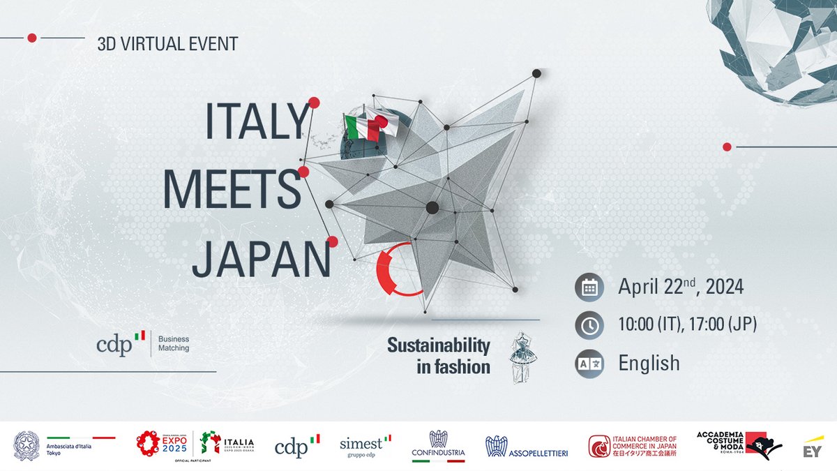 🇯🇵 Would you like to get in touch with companies in #Japan? On April 22 don't miss 'Italy meets Japan', the launch event in the Japanese market by CDP #BusinessMatching, to explore the latest trends and opportunities in the #fashion industry. ➡️bit.ly/CDPBusinessMat…