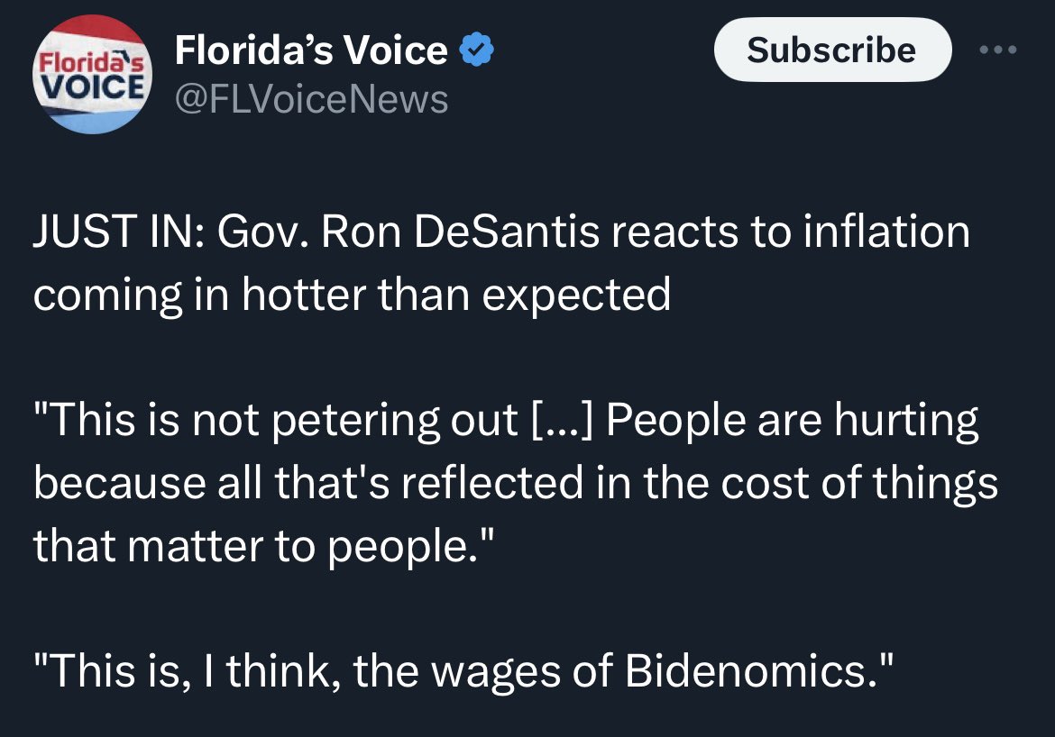 FL has the highest inflation in the country over the last 12 months and in the worst 5 states it’s roughly double every other state. All 5 have Republican Governors (FL, TN, VA, SC, AL). But it’s never their fault.