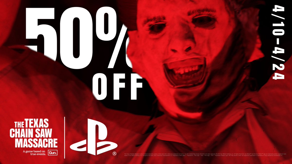 ATTN @PlayStation Players: The Slaughter Family is waiting for you to hop onto #TXChainSawGame. From now until 4/24/2024, The Texas Chain Saw Massacre is on sale for 50% off during the Spring Sale.